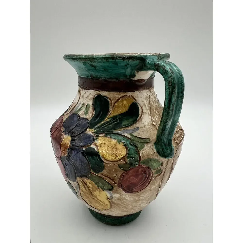 Italian Art Pottery Hand Painted Double Handle Vase 5” Flowers & Boat Signed